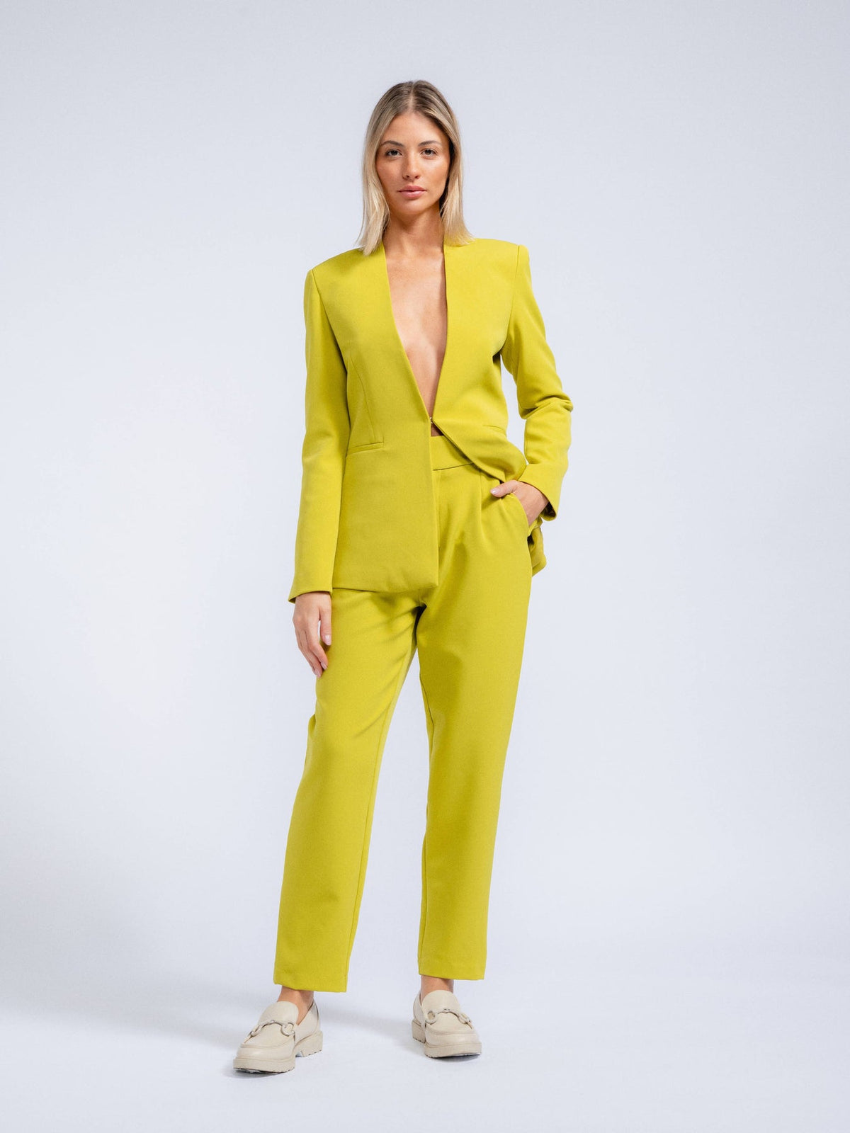 LONG LEMON BLAZER WITH INVERTED LAPEL COLLAR - Evolve Elegance Boutique