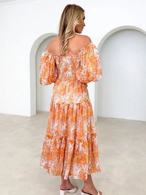 PRINTED SMOCKED OFF-SHOULDER TIERED DRESS - Evolve Elegance Boutique