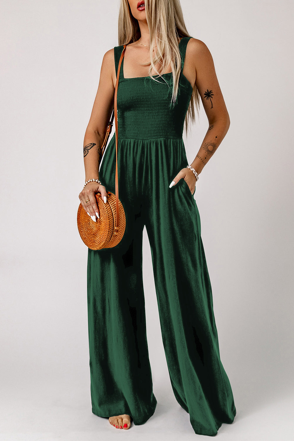 SMOCKED SQUARE NECK WIDE LEG JUMPSUIT WITH POCKETS - Evolve Elegance Boutique