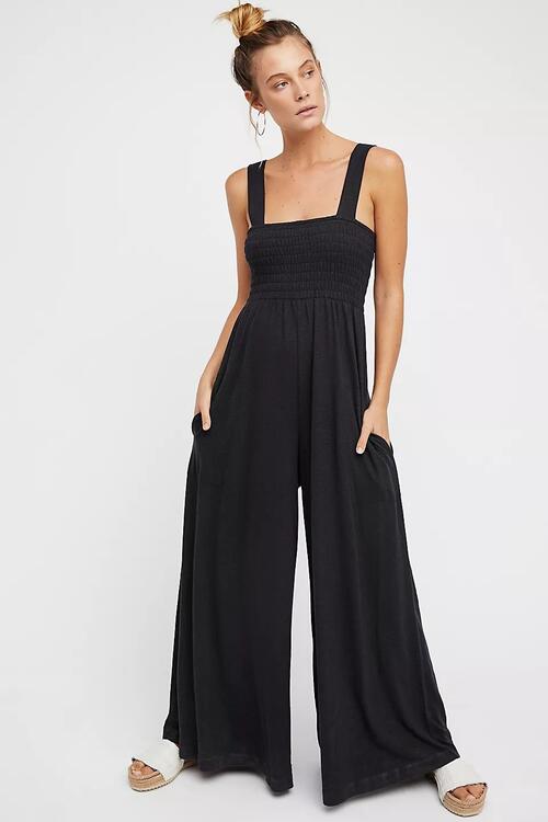 SMOCKED WIDE STRAP JUMPSUIT - Evolve Elegance Boutique