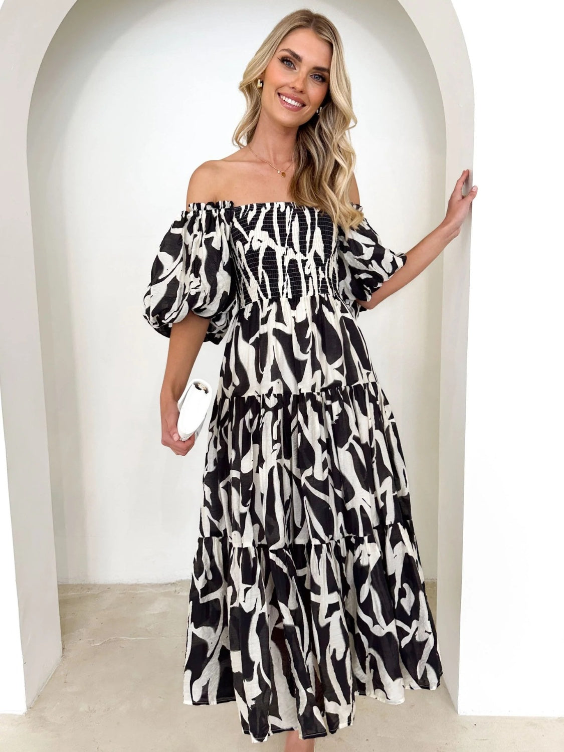 PRINTED SMOCKED OFF-SHOULDER TIERED DRESS - Evolve Elegance Boutique