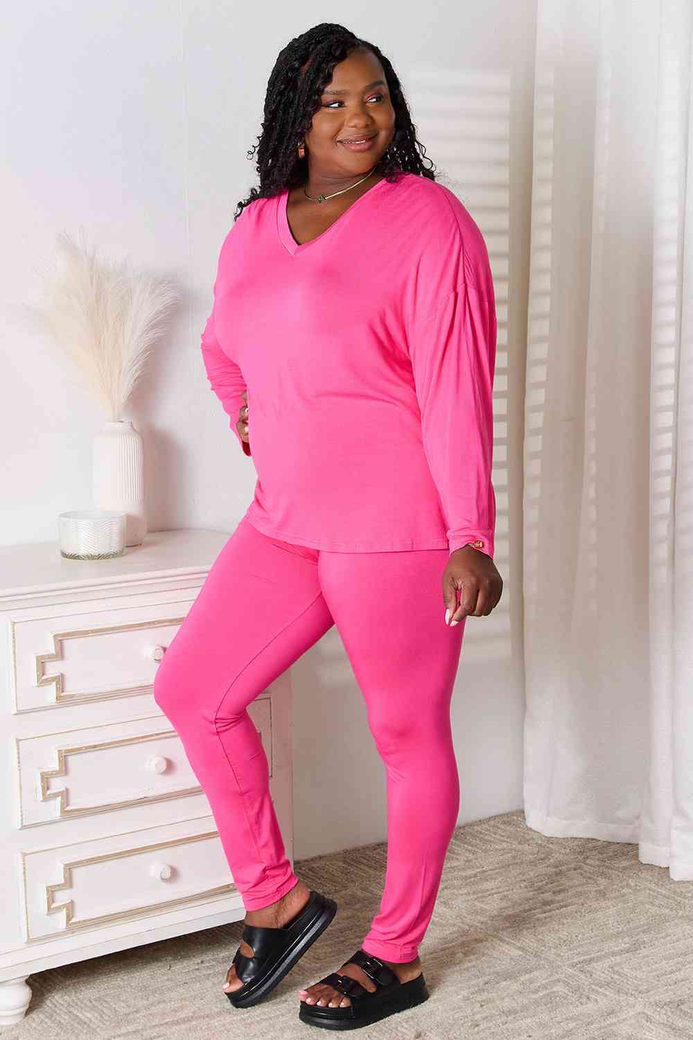 BASIC BAE FULL SIZE V-NECK SOFT RAYON LONG SLEEVE TOP AND PANTS LOUNGE SET - Evolve Elegance Boutique