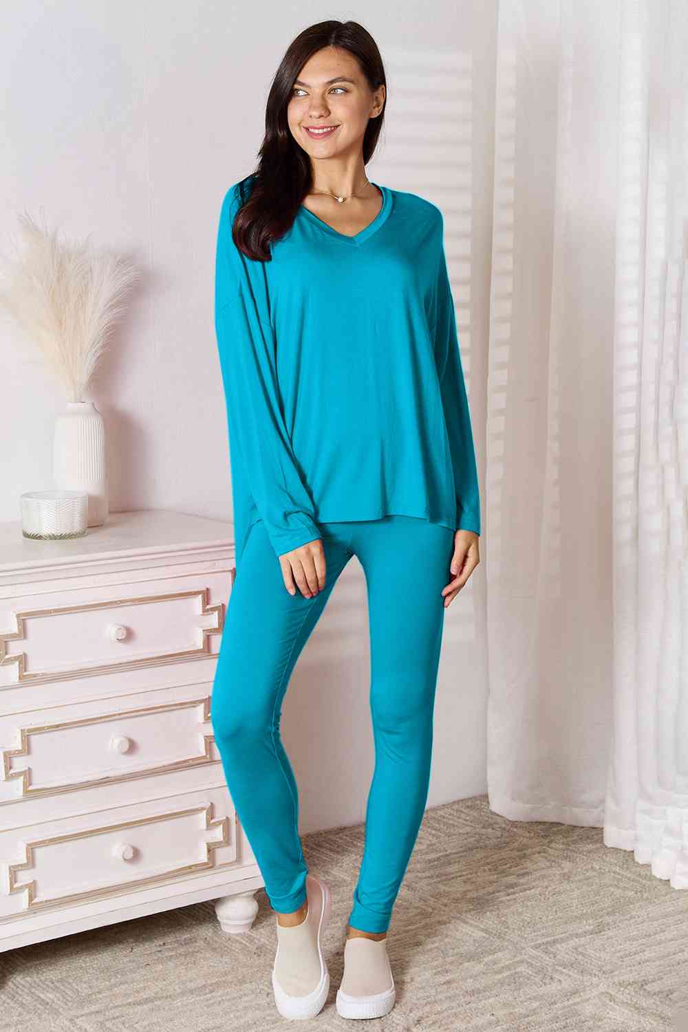 BASIC BAE FULL SIZE V-NECK SOFT RAYON LONG SLEEVE TOP AND PANTS LOUNGE SET - Evolve Elegance Boutique