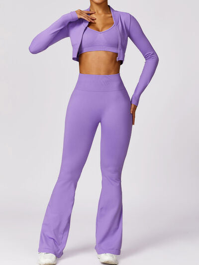 ZIP UP BASEBALL COLLAR OUTERWEAR AND HIGH WAIST PANTS ACTIVE SET - Evolve Elegance Boutique