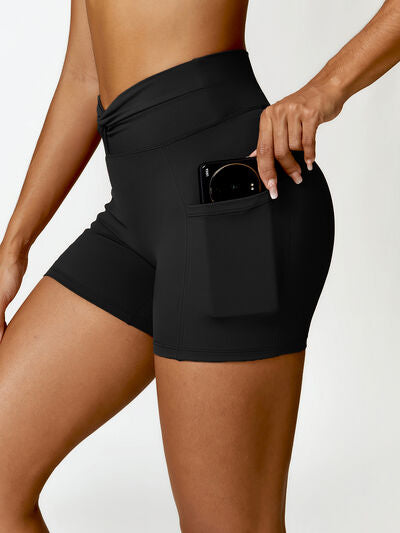 TWISTED HIGH WAIST ACTIVE SHORTS WITH POCKETS - Evolve Elegance Boutique