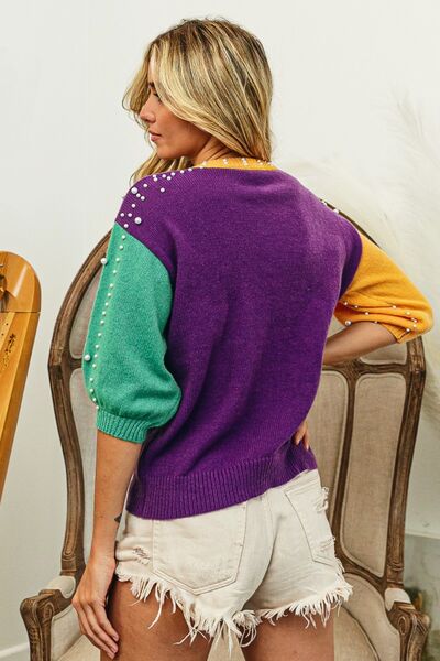 BIBI COLOR BLOCK PEARL DETAIL ROUND NECK SWEATER - Evolve Elegance Boutique