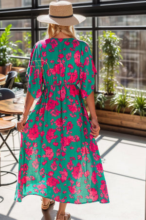 SLIT PRINTED V-NECK SHORT SLEEVE DRESS - Evolve Elegance Boutique