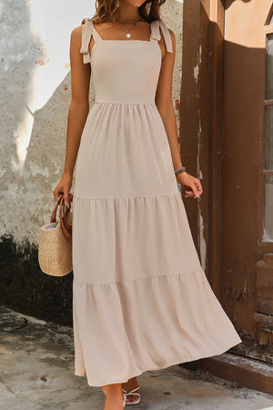 TIE SHOULDER SMOCKED TIERED DRESS - Evolve Elegance Boutique
