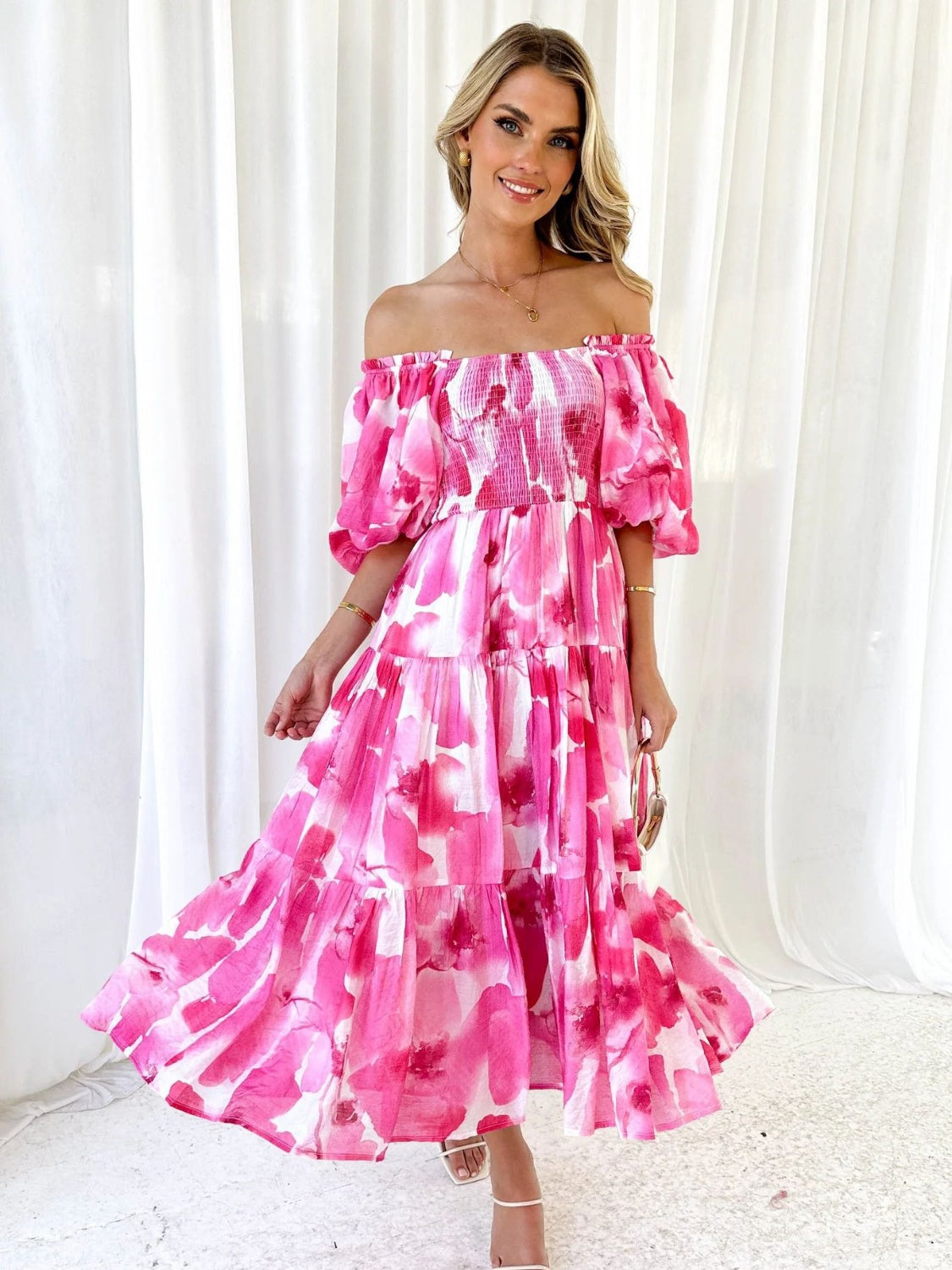 PRINTED SMOCKED OFF-SHOULDER TIERED DRESS - Evolve Elegance Boutique