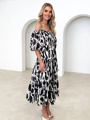 PRINTED SMOCKED OFF-SHOULDER TIERED DRESS - Evolve Elegance Boutique